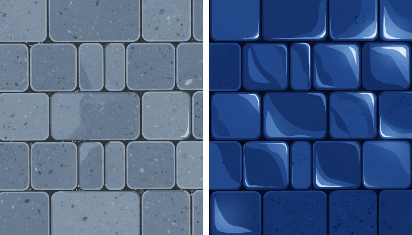 A split composition shows textured grey stones on the left compared to vibrant, glossy blue-toned pavers on the right. A thin translucent layer represents the protective sealant applied across the surface.