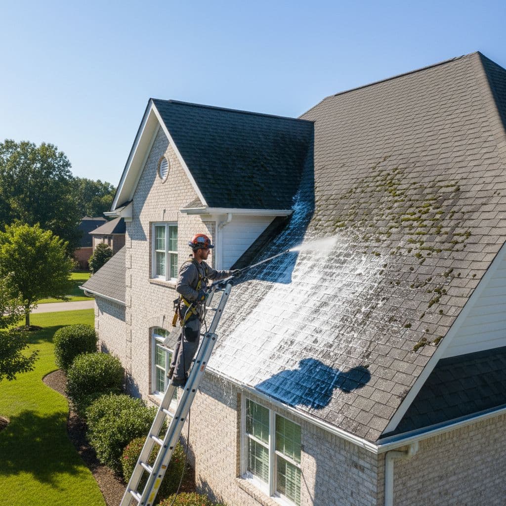 A technician wearing safety gear stands on a ladder using a spray wand to clean a residential roof. Roof Algae Removal