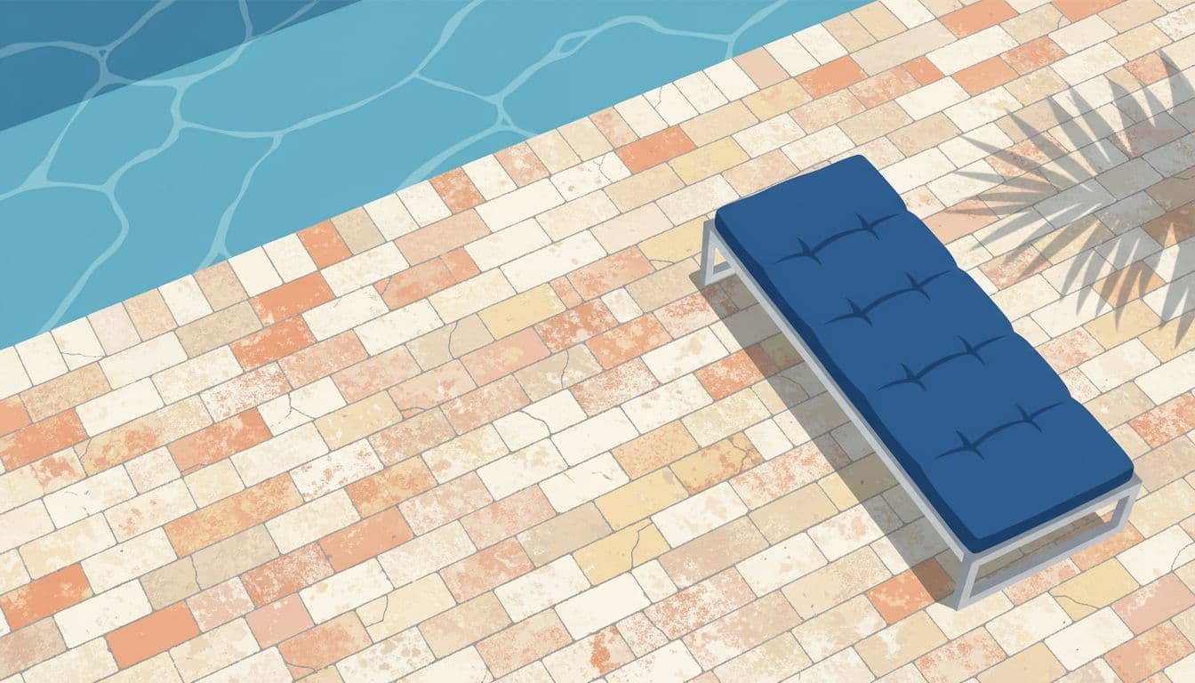 Sun-bleached brick and travertine pavers are arranged across a Florida pool deck, featuring uneven, faded tones from intense heat. A vibrant blue lounge chair cushion provides a sharp, saturated color contrast.