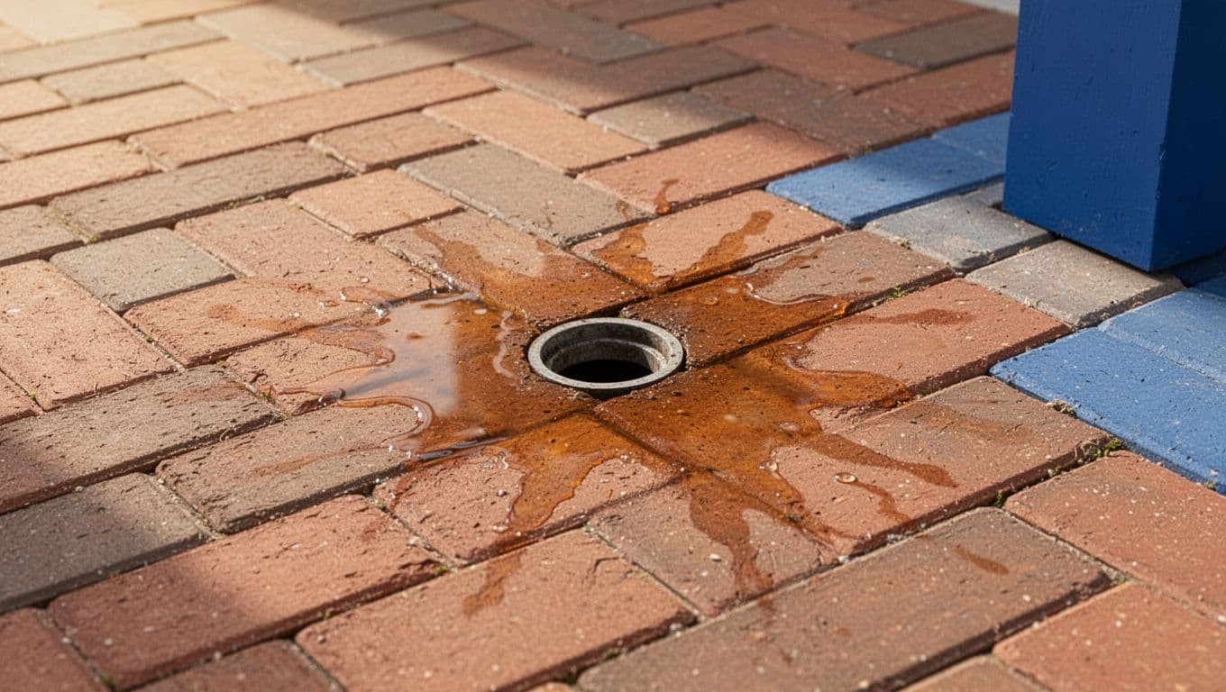 A close-up view shows a rusted orange-brown mineral stain spreading across grey brick pavers from a PVC condensate pipe. A vibrant blue accent shade highlights the nearby metal drain outlet.
