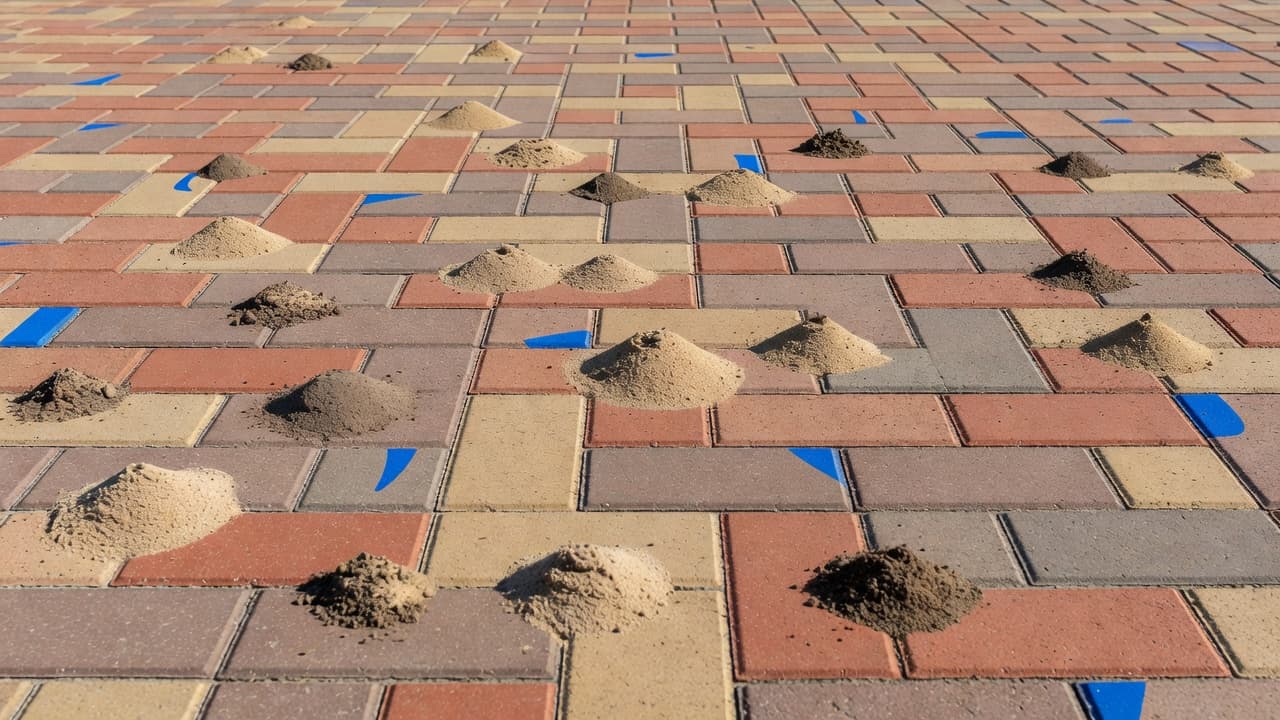 A close-up view of a residential driveway shows several small ant hills created from sand and dirt. These tiny mounds are clustered within the narrow gaps between rectangular red brick pavers.