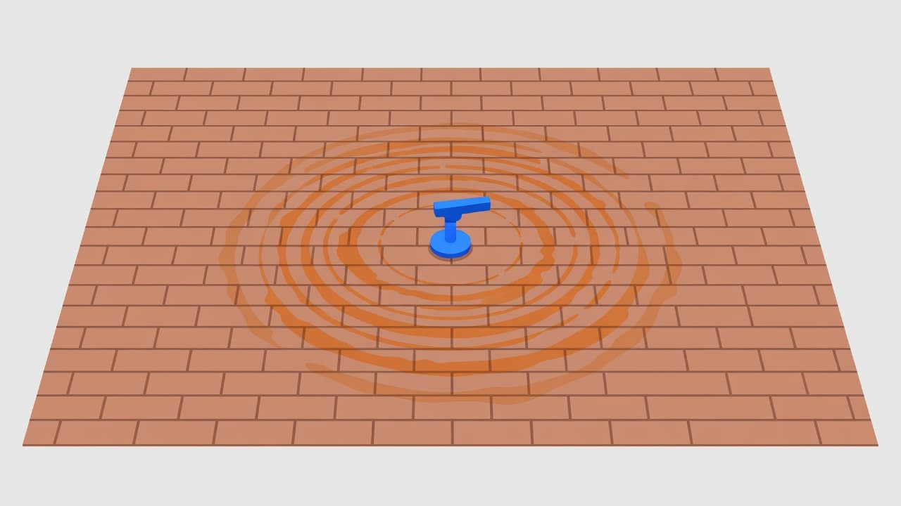 Sprinkler stains brick patio in orange-brown circles around a blue lawn sprinkler head.