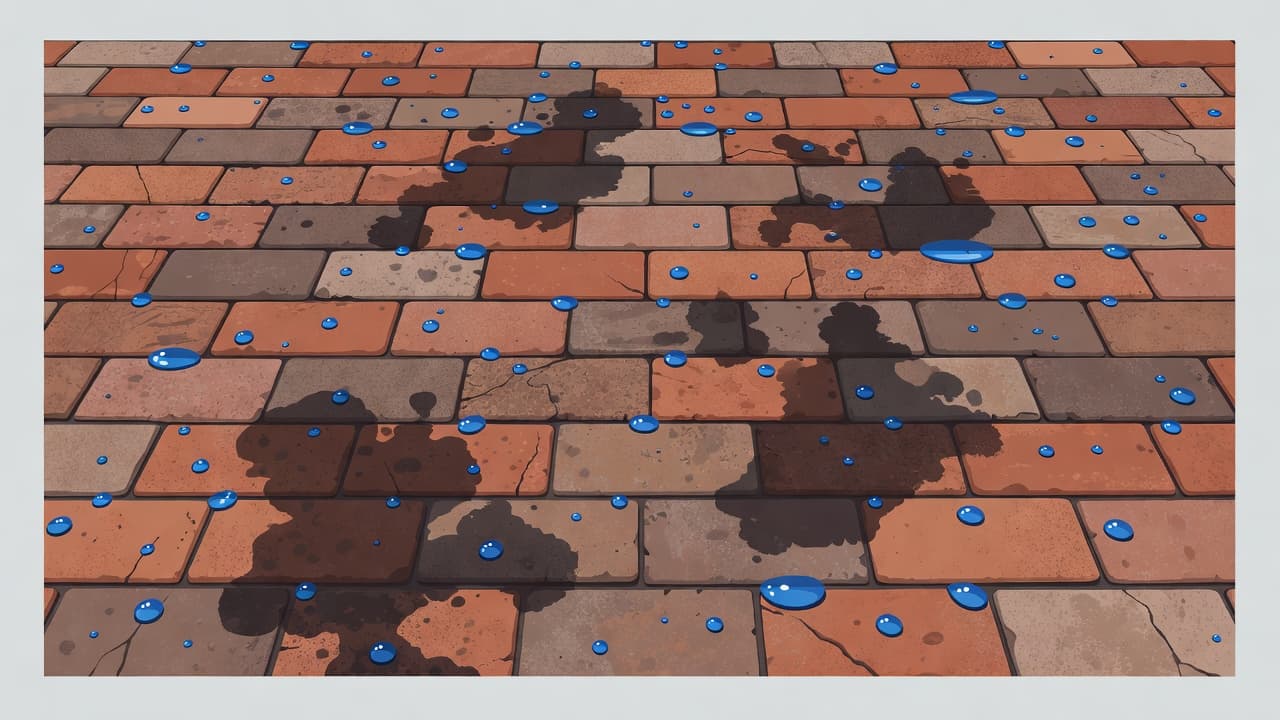 Close-up view of a brick walkway surface featuring dark tannin stains caused by wet mulch. Bright blue droplets contrast against the rough brick texture and clean, light gray neutral background.