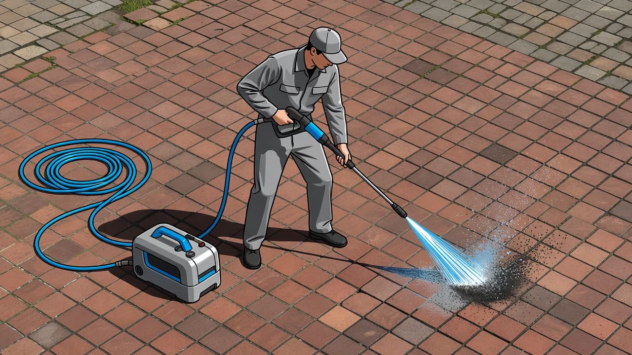 A focused shot shows high-pressure equipment spraying water onto weathered red bricks. Deep blue metallic components of the cleaner contrast against the textured clay surface as grime lifts away effectively.