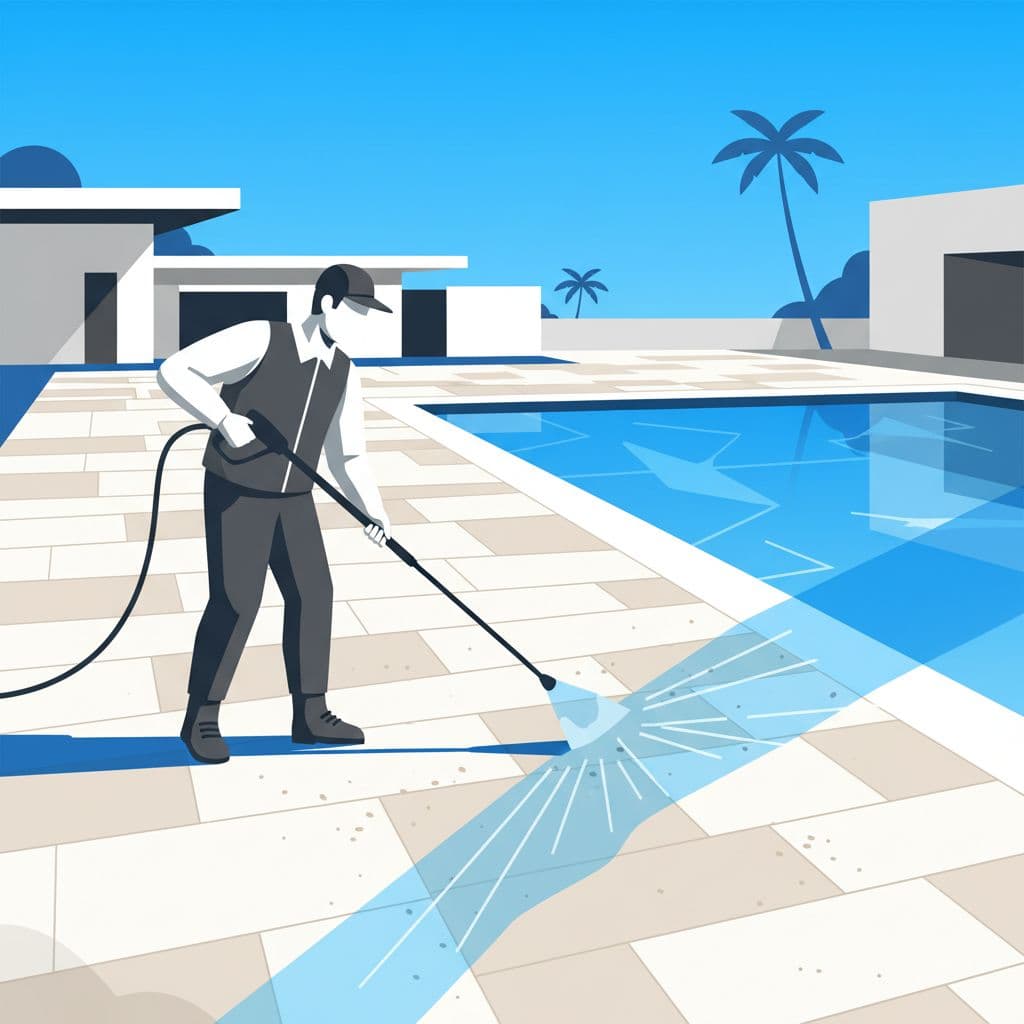 A worker uses a specialized wand to gently spray the textured travertine stone surface surrounding a swimming pool. The scene features bright blue accents reflecting the clear sky above the deck.