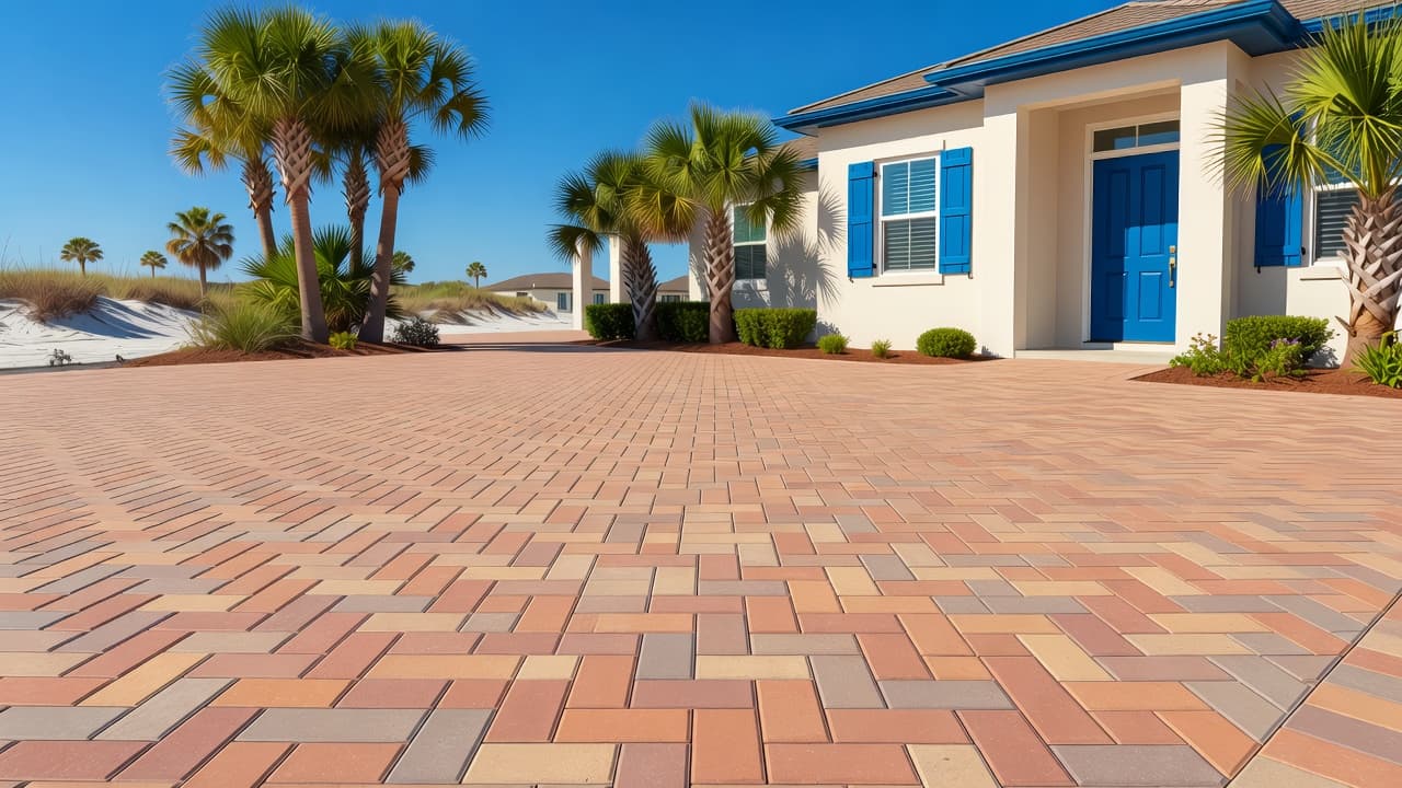 Brick pavers in Southwest Florida on a clean coastal driveway outside a tropical home.