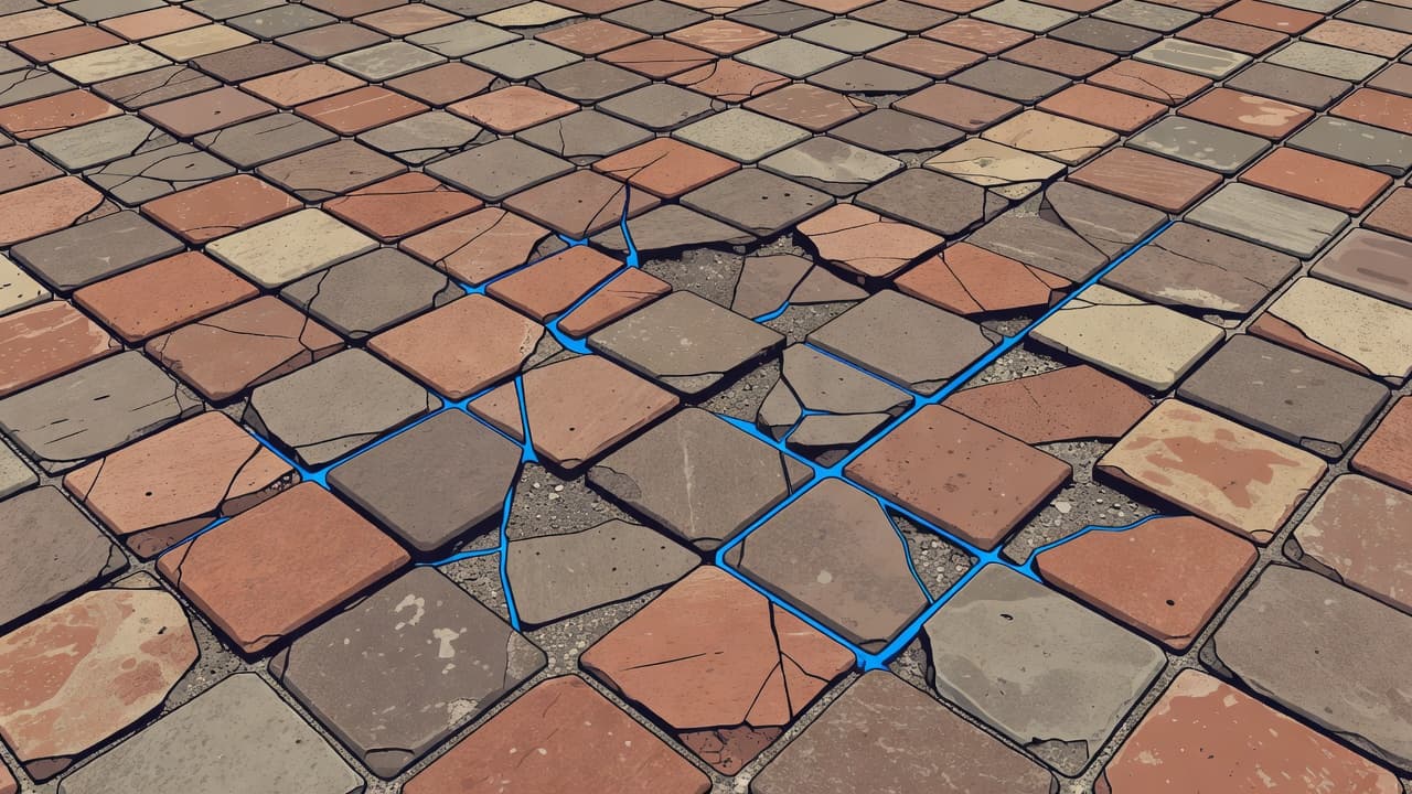 Close-up view of a driveway entrance showing severe wear on red brick pavers. Several blocks feature deep cracks and chipped outdoor pavers, highlighted by a bold blue accent color outlining the damage.