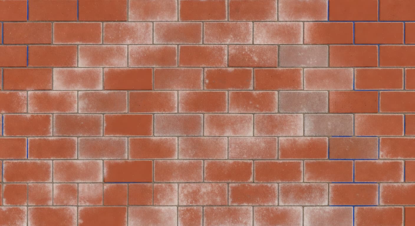 A top-down view of weathered red brick pavers features irregular patches of a thin white powdery haze. Deep terracotta tones contrast with sharp geometric lines and cool blue accent stones.