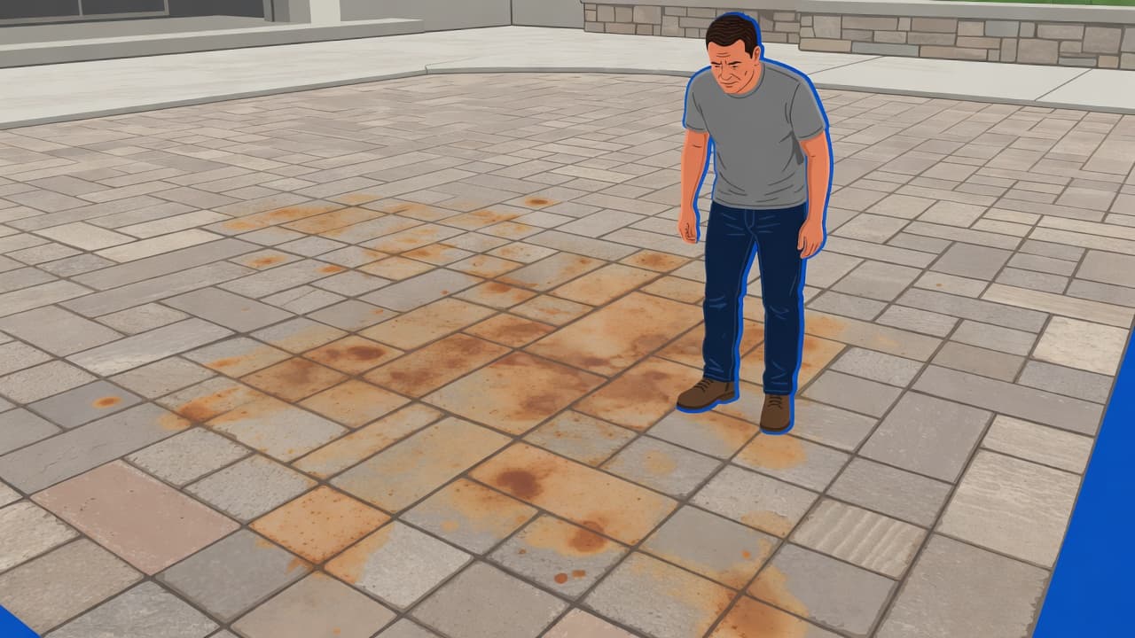 A person stands on a stone patio examining irregular orange-brown chemical streaks spread across the brick pavers. The modern illustration style uses a clean blue accent to highlight the damaged area.