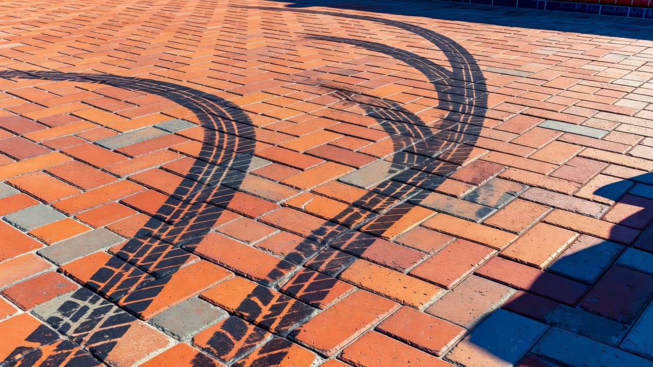 Close-up of weathered orange-red brick pavers featuring dark rubber tire streaks under intense sunlight. The high-contrast scene emphasizes textured surfaces and deep blue shadows cast across the vibrant driveway stones.