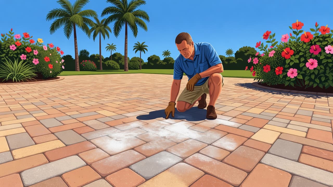 A homeowner kneels on brick pavers in a sunny Florida garden, examining a cloudy white film on the surface. The bright outdoor scene features clean illustration lines and vivid blue accents.