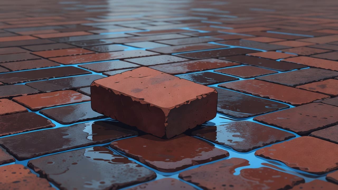 A singular rectangular brick paver sits unevenly within a textured residential driveway. Puddles of rainwater pool inside the deep concrete joints, showcasing a modern illustration style with bold blue accent colors.