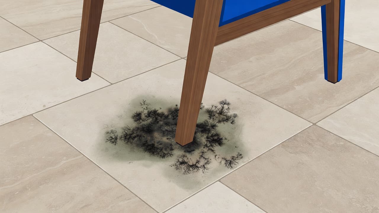A dark patch of mold develops on beige travertine stone directly beneath a wooden chair leg. The surrounding patio surface remains clean, highlighting the specific moisture damage caused by patio furniture.