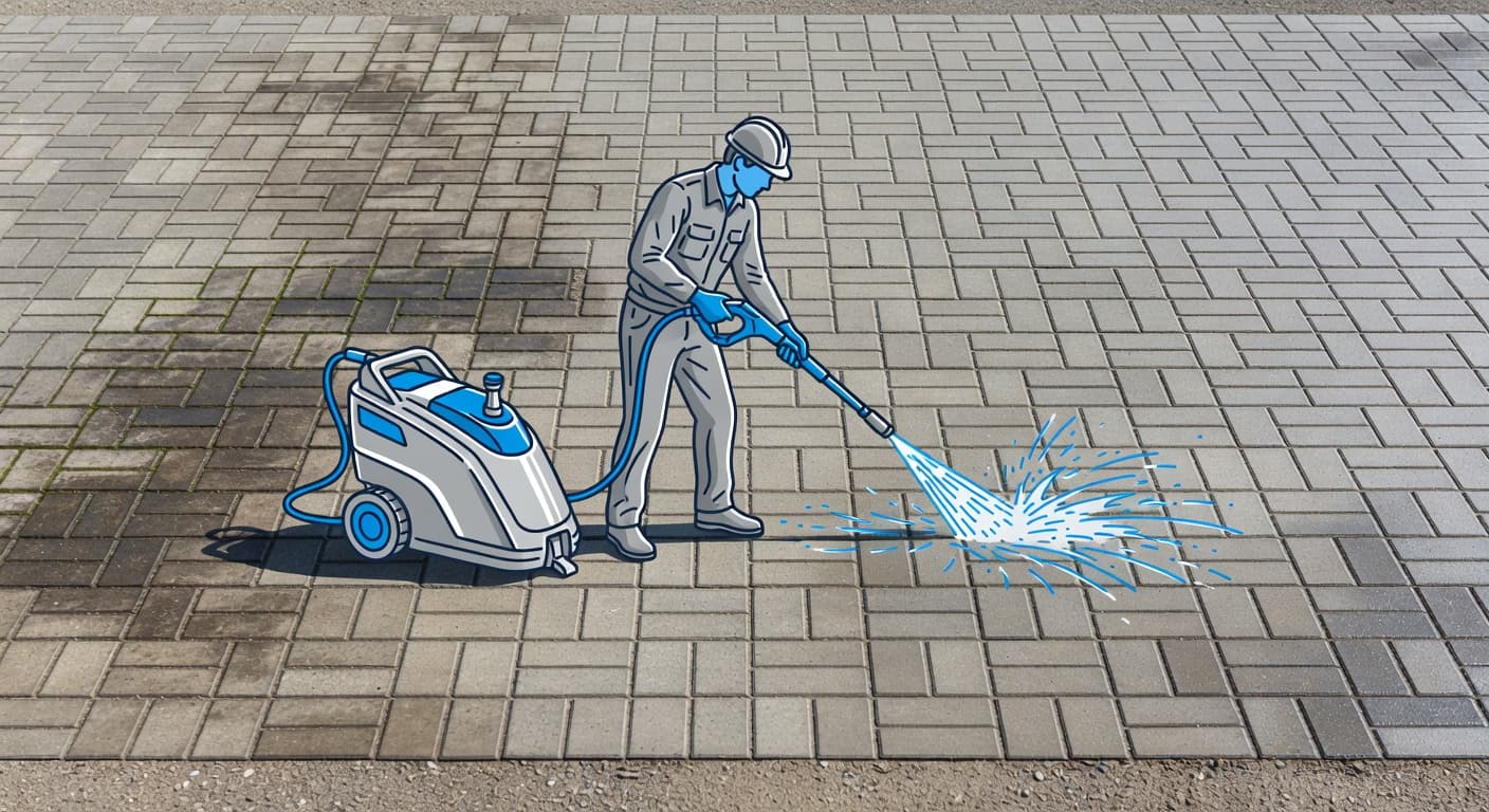 A worker utilizes specialized pressure washing equipment to remove grime from a textured concrete walkway. Clean geometric lines emphasize the restoration process as water sprays against the discolored stone surface.