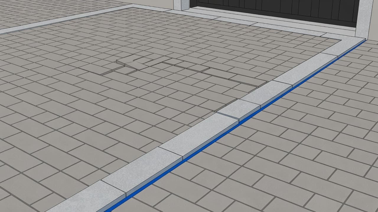 A top-down view shows gray rectangular pavers near a garage threshold shifting outward. The concrete border has cracked, and distinct gaps between stones illustrate structural movement and failing edge restraints.