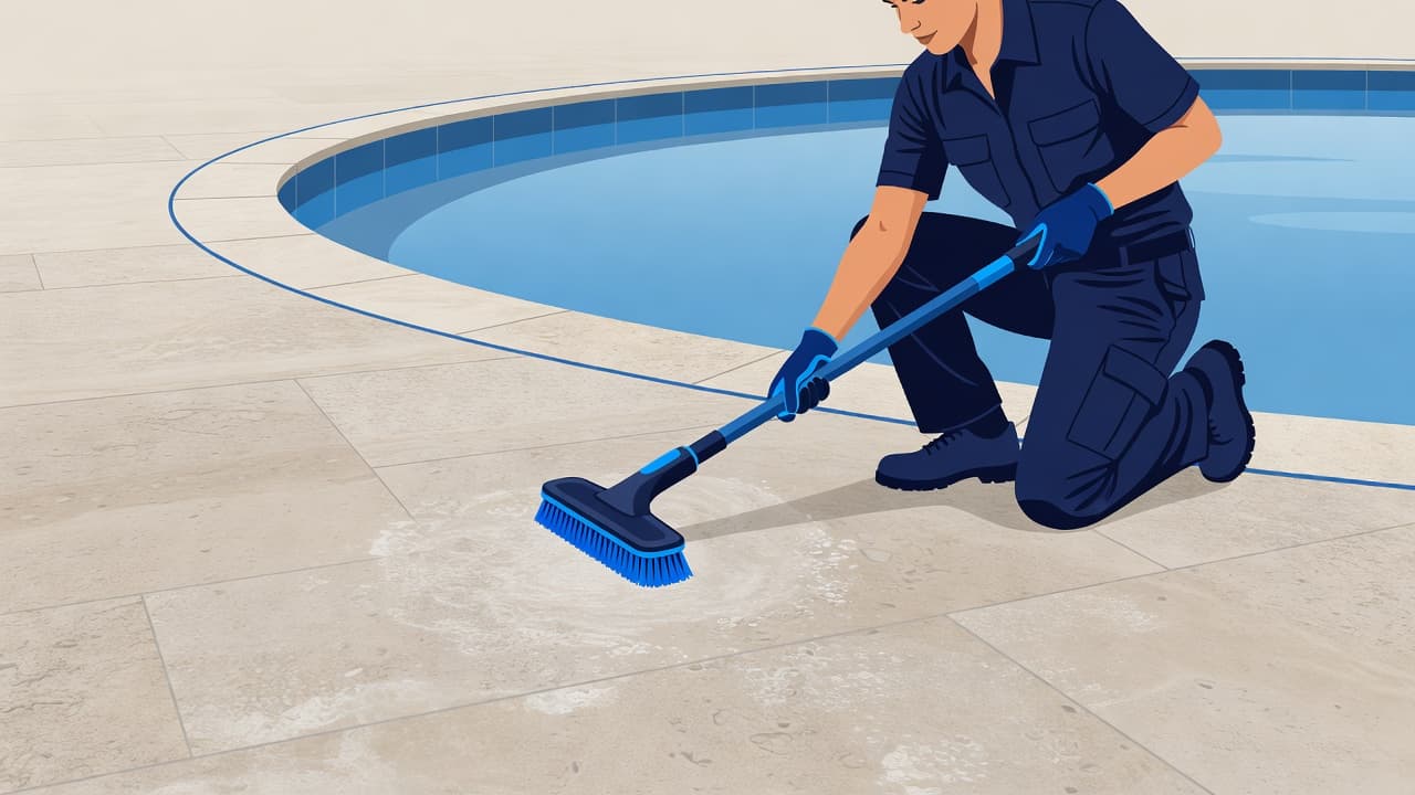 A technician wearing blue apparel scrubs a light travertine pool deck surface with a specialized tool. The clean scene features geometric shapes and modern artistic aesthetics focused on maintenance tasks.