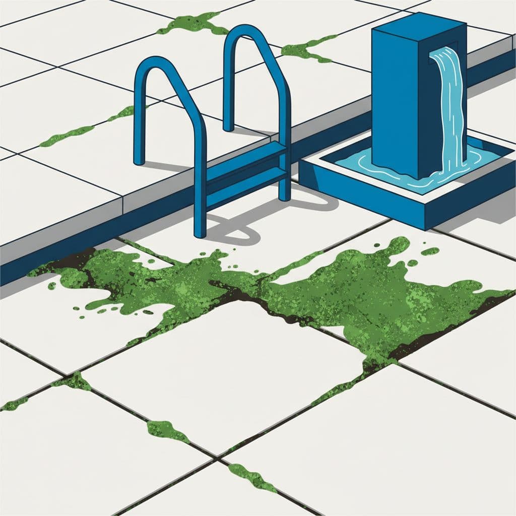 Close-up of stone pavers showing dark grime and green algae patches growing in deep crevices. A vibrant blue metal pool ladder contrasts against the weathered, discolored stone surface nearby.