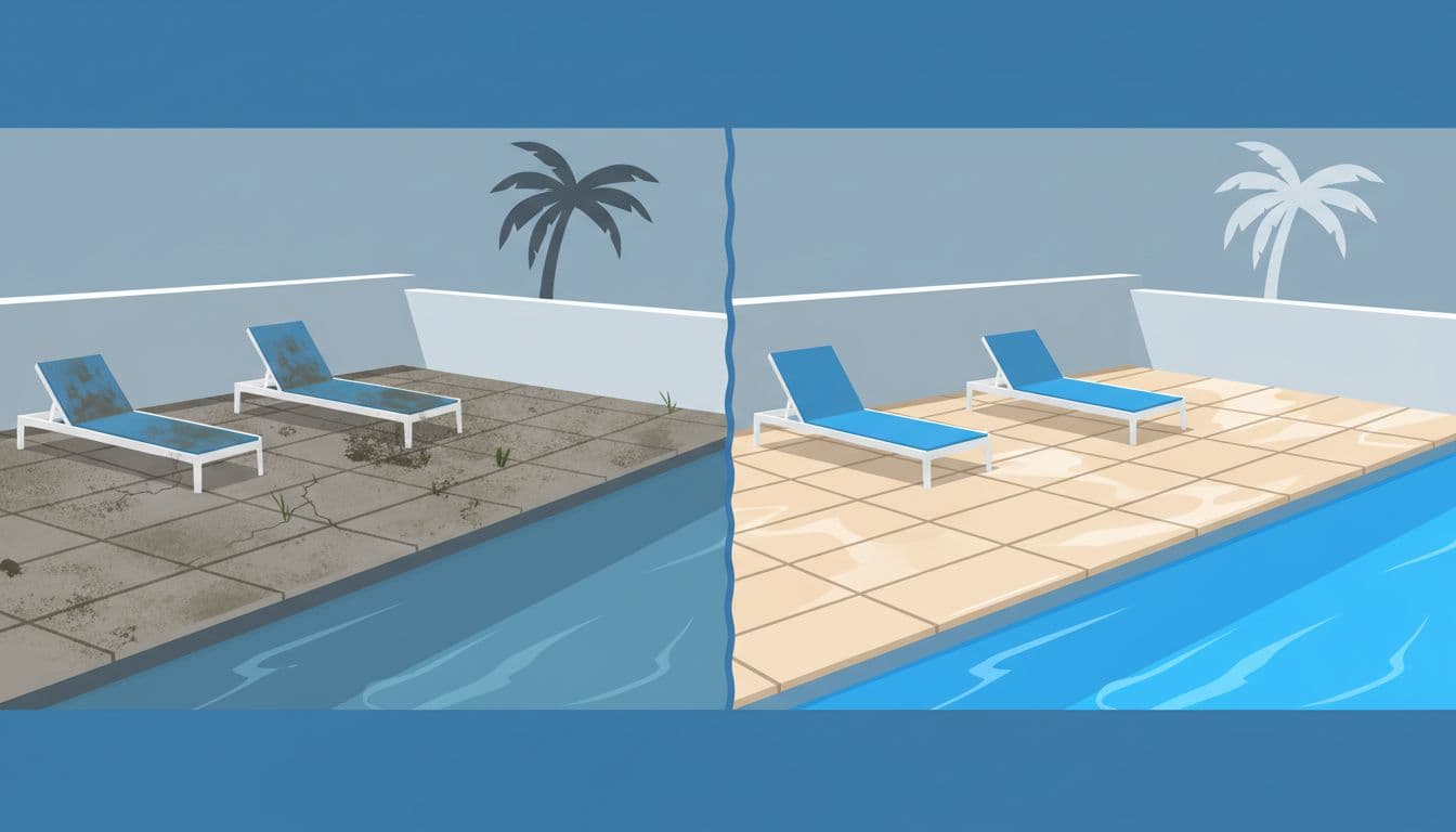 A split-view composition displays a stark contrast between weathered, gray, porous stone pavers on the left and vibrant, deep-toned, sealed pavers on the right, highlighting the effectiveness of professional surface protection treatments.