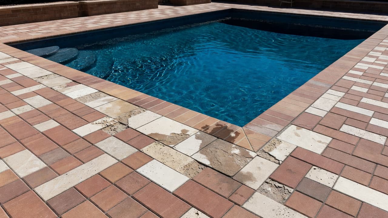 Pool splash on brick and travertine around a backyard pool deck causes early surface wear and damp edges.