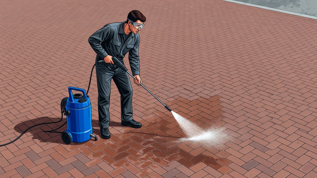A worker uses bright blue cleaning equipment to scrub a red brick surface. The side profile shows the concentrated motion of the spray against the textured masonry of the driveway.