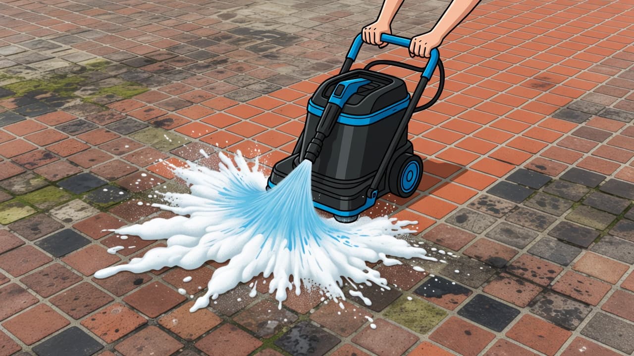 A professional surface cleaner glides over stained bricks, pushing away grime with high-pressure spray and soap foam. The transition between the pristine clean path and the dirty orange surface is visible.