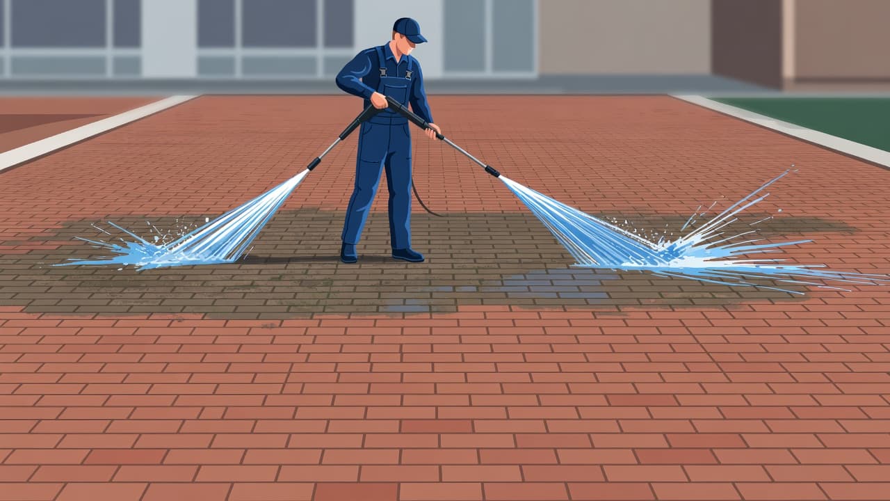 Professional cleaning of oil stains on brick patio using controlled pressure washing equipment