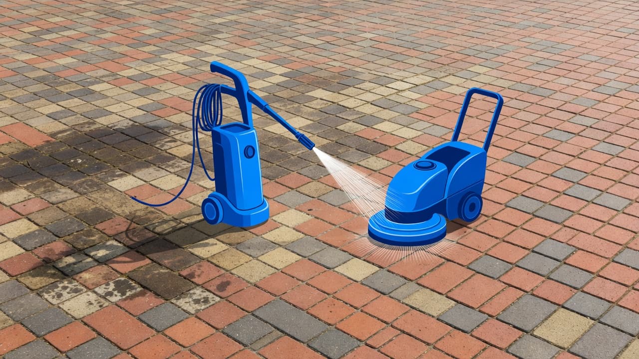 Pressure washing lifts sprinkler stains from brick pavers during patio cleaning.