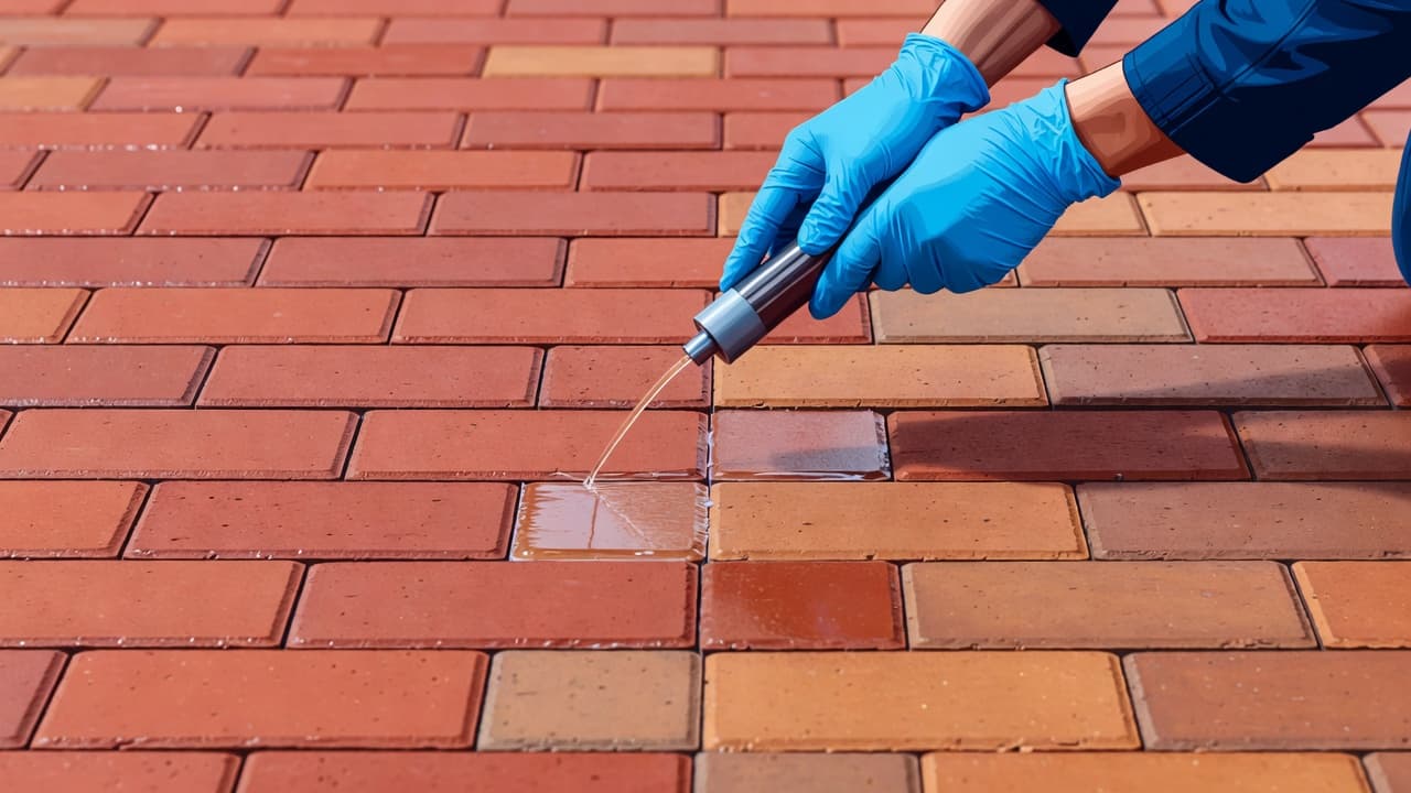 Driveway sealing on brick pavers in Southwest Florida after cleaning and sanding.