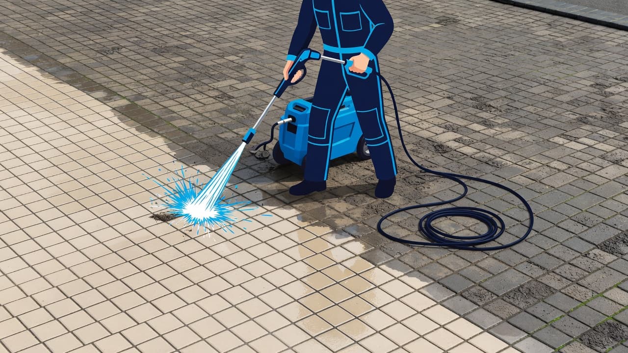 A technician uses specialized equipment to restore a brick driveway, showing a clear contrast between the dark, stained surface and the newly cleaned area. Bright blue accents highlight the machinery.