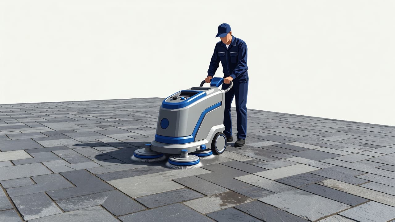 A professional technician wearing safety gear operates a circular surface cleaner across a stained stone driveway. The scene features bright, modern shapes with blue accents while emphasizing effective exterior surface restoration.