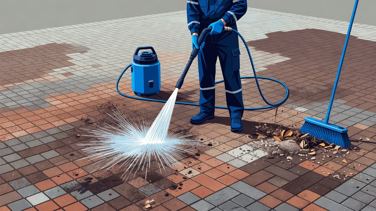 A technician uses a powerful pressure washer to restore dirty red brick pavers on a residential driveway. The modern illustrated scene features bright blue work gear against a textured stone backdrop.