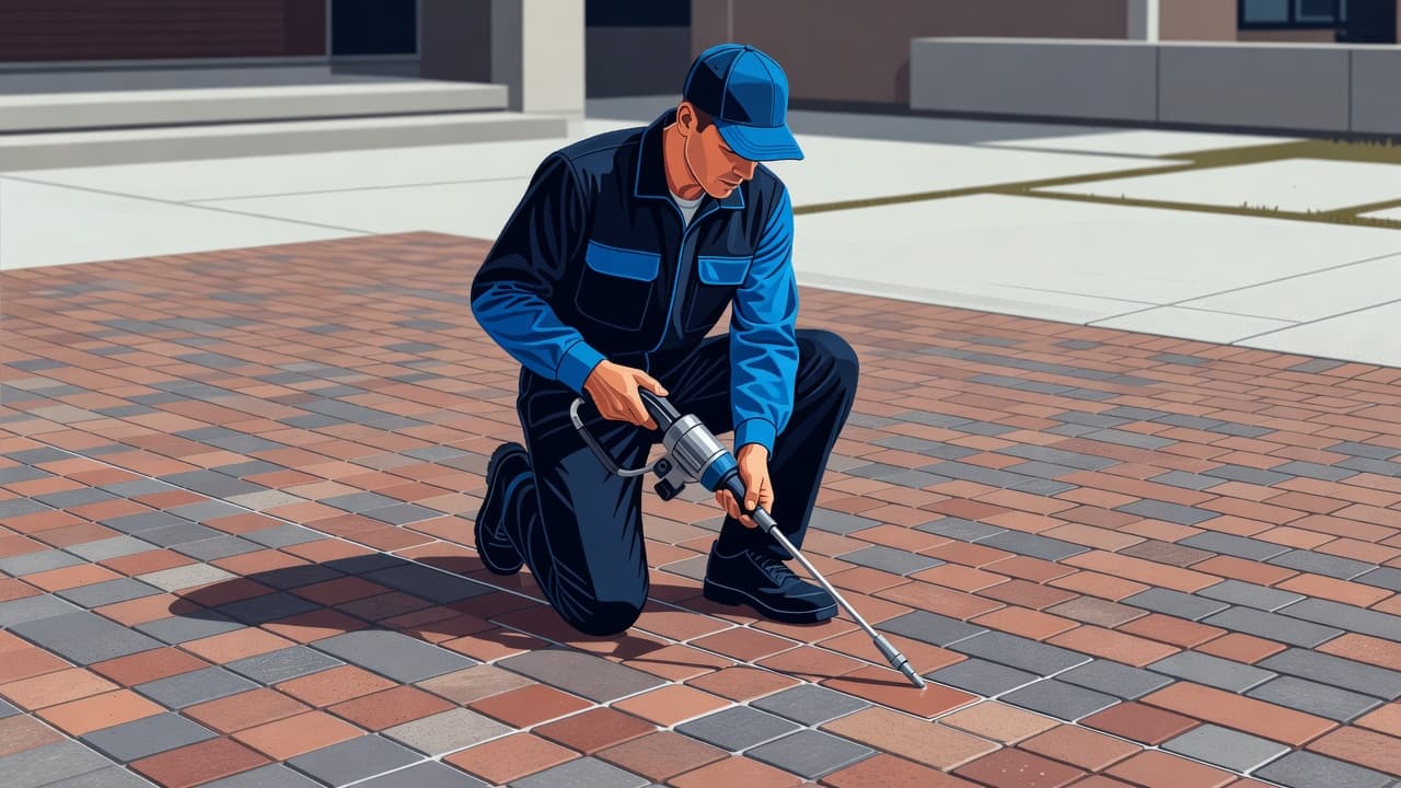 A focused worker uses a precision applicator to apply protective sealant onto gray brick pavers. The residential driveway features clean lines and vibrant blue accents throughout the surrounding patio area.