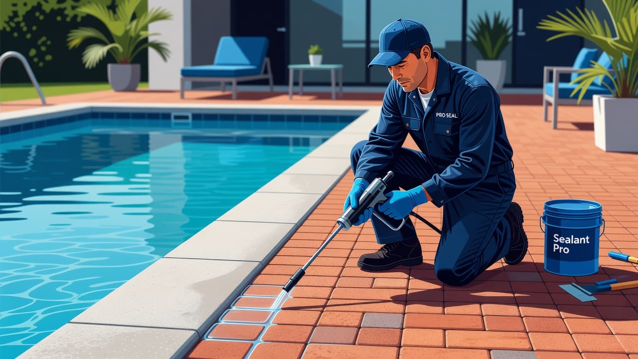 Professional sealing protects pool splash on brick and travertine around a backyard pool deck.