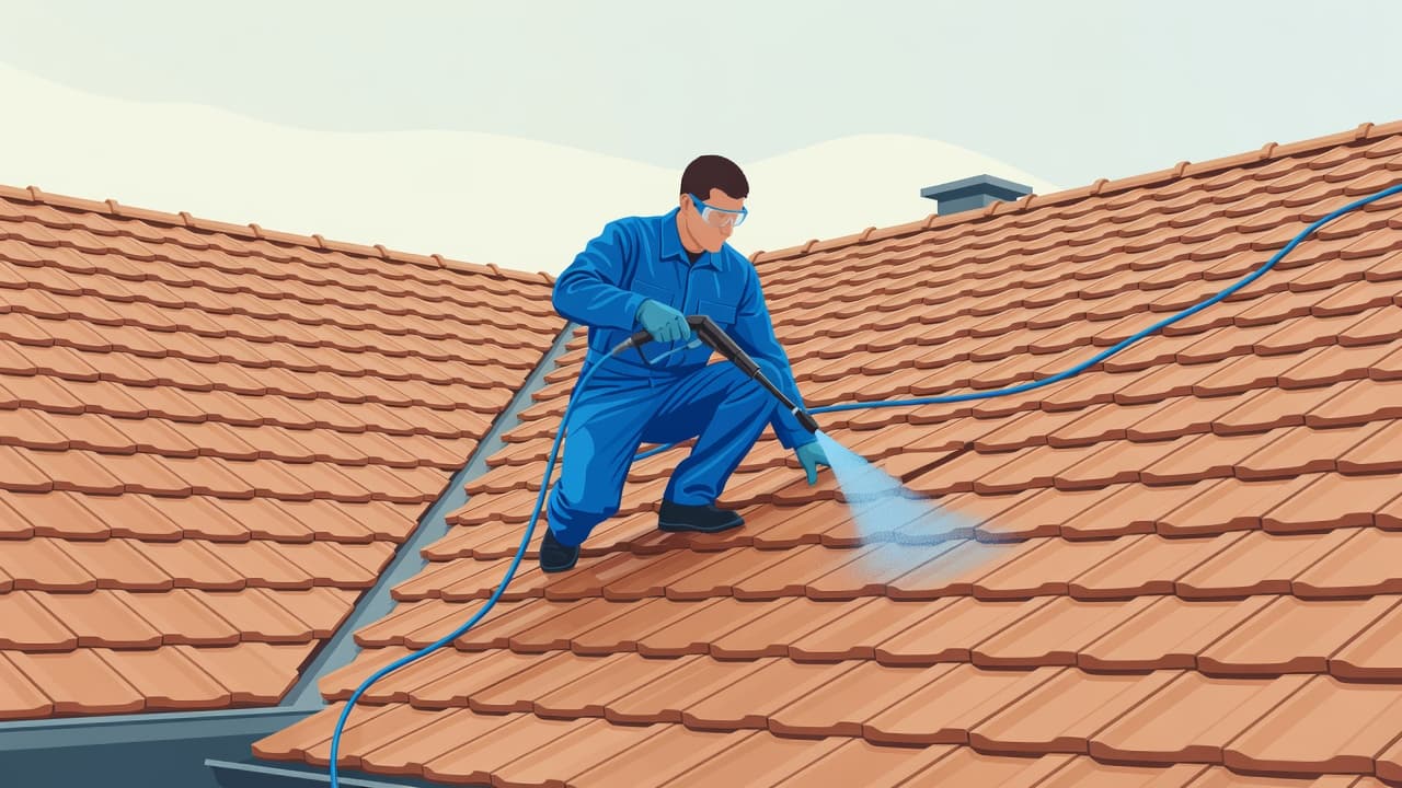 Roof cleaning with a soft wash system above brick pavers in Southwest Florida.