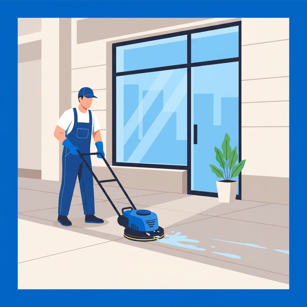 Storefront sidewalk cleaning with a professional using a surface cleaner on a concrete entry.
