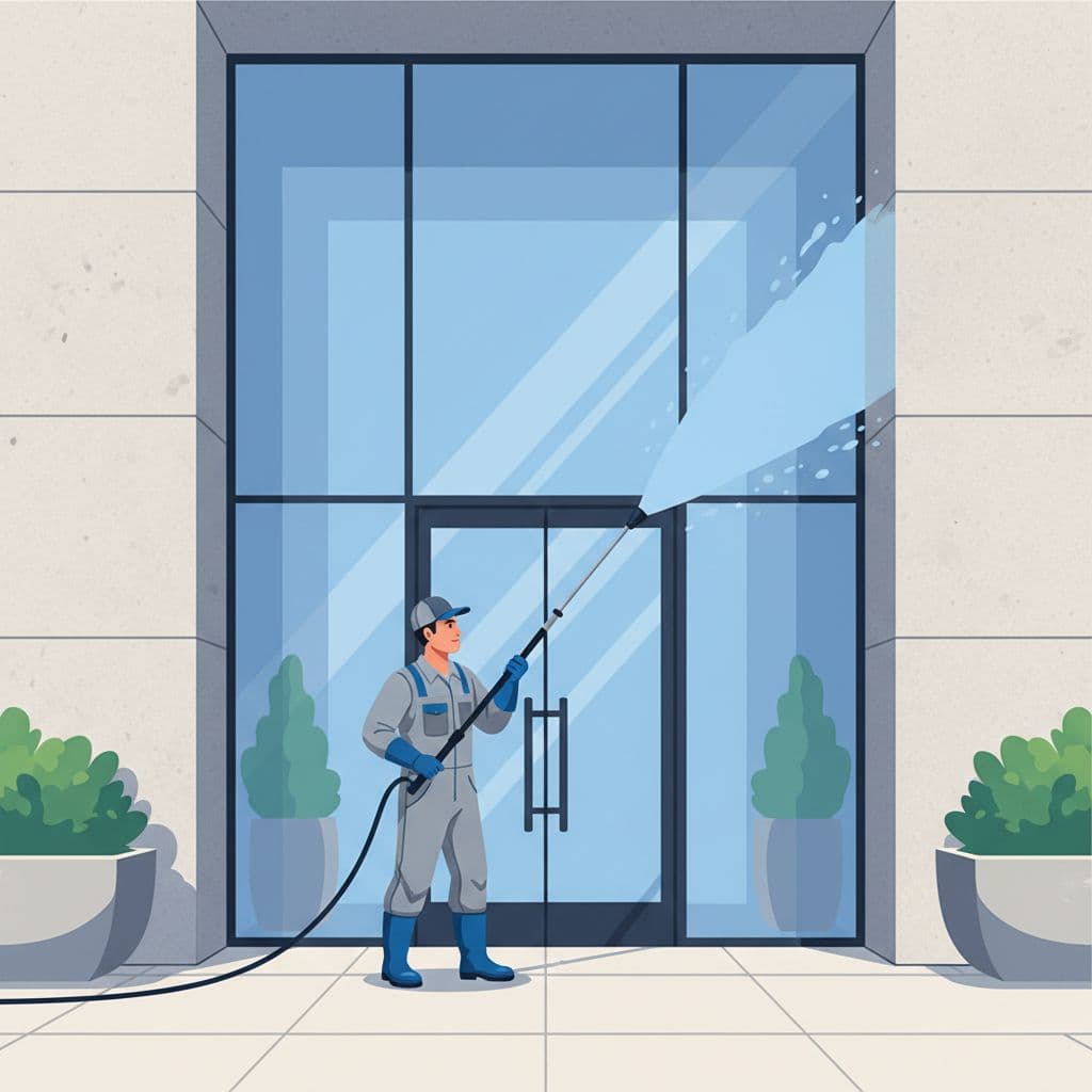 Storefront sidewalk cleaning support work with a technician using a soft wash wand at an entryway.