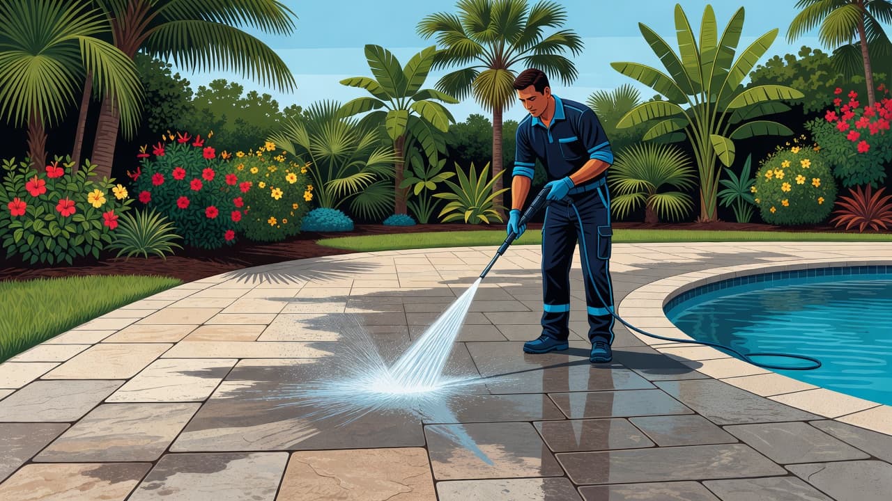 A maintenance technician uses specialized high-pressure equipment to remove grime from a textured stone pool deck. Lush tropical greenery frames the modern backyard setting under bright, clear Florida skies.