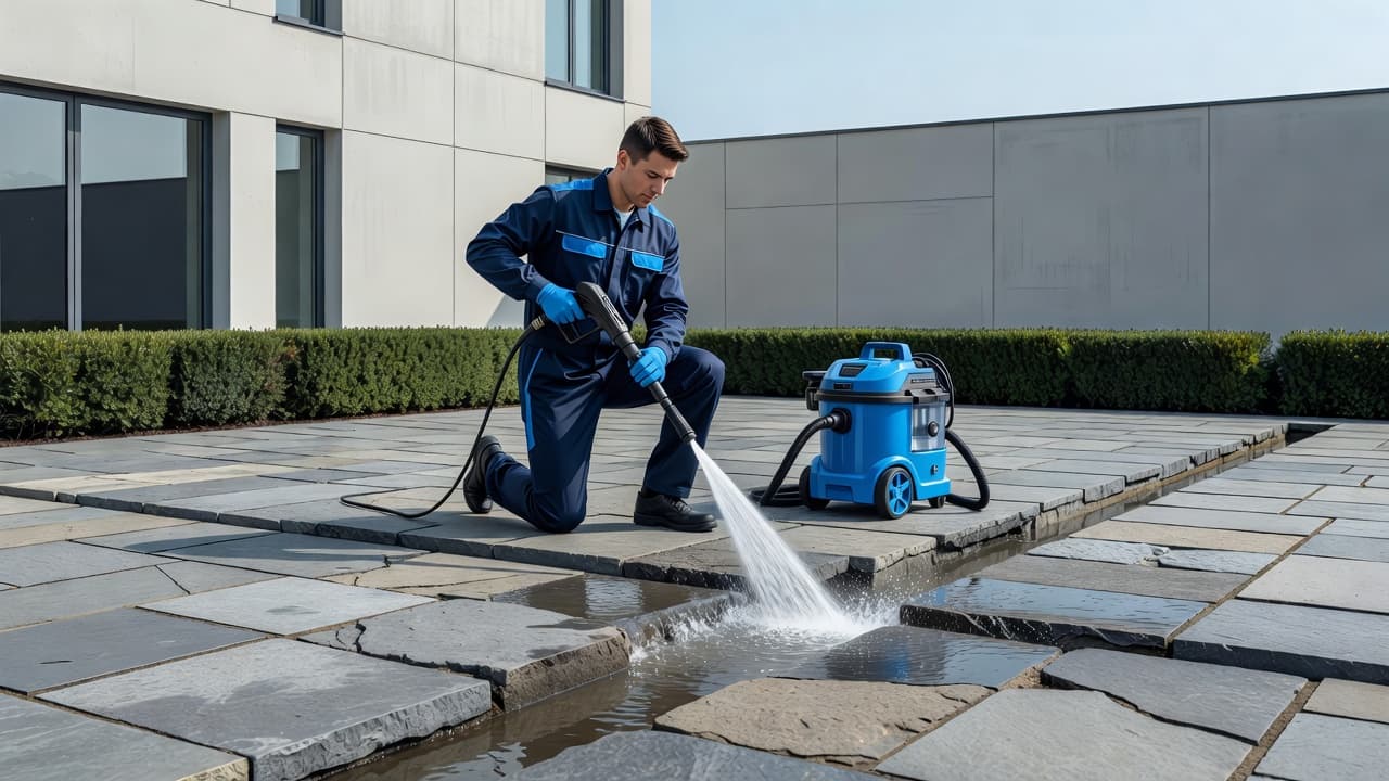A technician operates industrial pressure washing equipment on textured stone tiles to resolve drainage concerns. Clean shapes and sharp blue uniforms highlight the precise maintenance work under soft, natural daylight conditions.