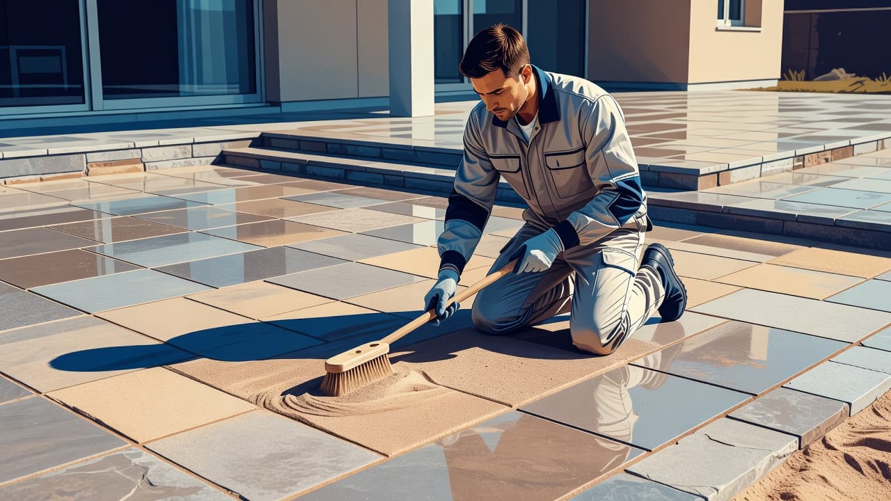 Technician restoring paver joint sand on a patio before sealing
