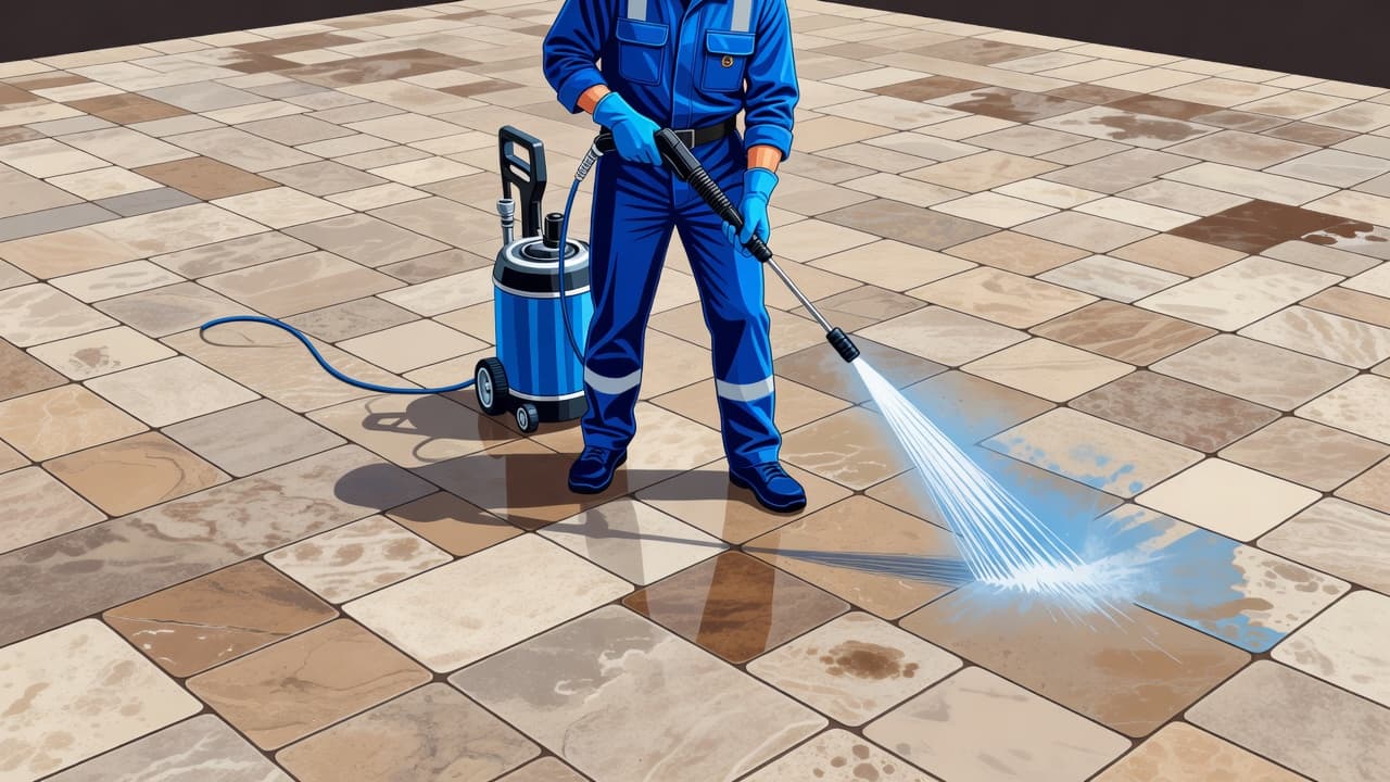 A technician operates a heavy-duty industrial pressure washer to clean textured travertine tiles on a patio. The equipment features vibrant blue accents, while a stream of water lifts deep-seated surface grime.