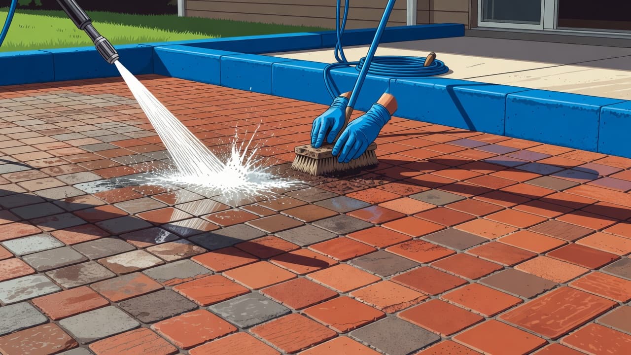 Clean red bricks are arranged in a tidy pattern on this outdoor patio. Sharp geometric shadows fall across the surfaces, which are accented by subtle, vibrant blue rectangular border inlays.
