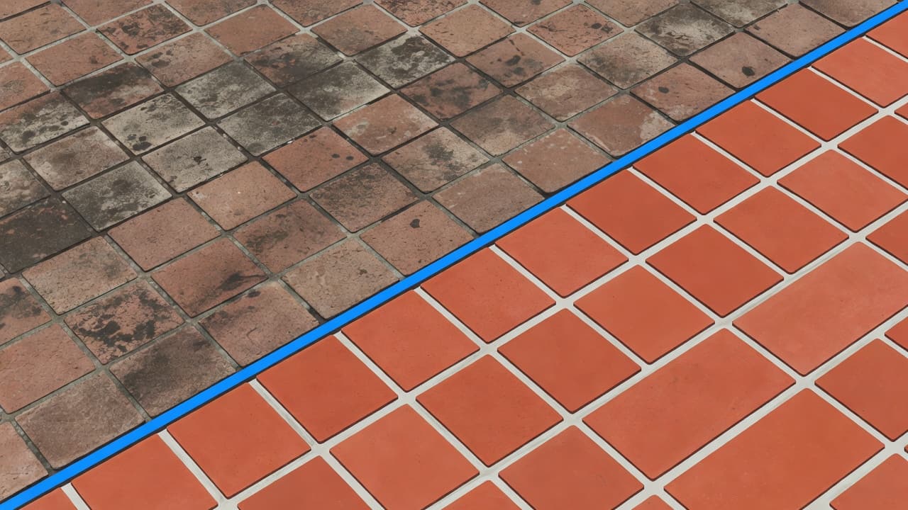 A pristine section of red brick pavers glows with renewed vibrancy next to a weathered, stained area. The contrast highlights professional cleaning results with a modern, saturated blue accent border.