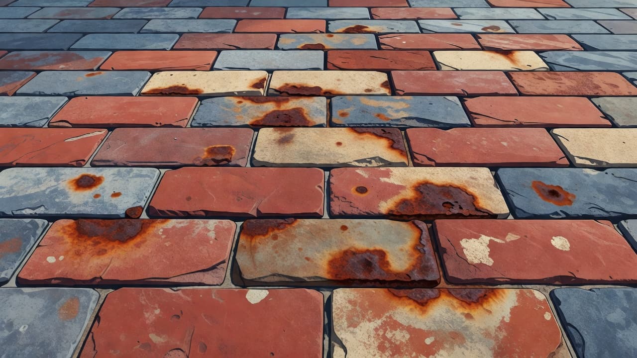 Close-up perspective of rugged red brick pavers covered in distinct orange and brown rust deposits. These earthy textures contrast against the smooth, modern lines of the surrounding outdoor masonry structure.