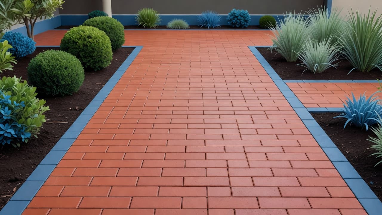 A pristine brick walkway displays a smooth, sealed surface with vibrant, uniform colors and a soft sheen. Carefully trimmed garden beds border the clean stone path under bright, clear daylight conditions.