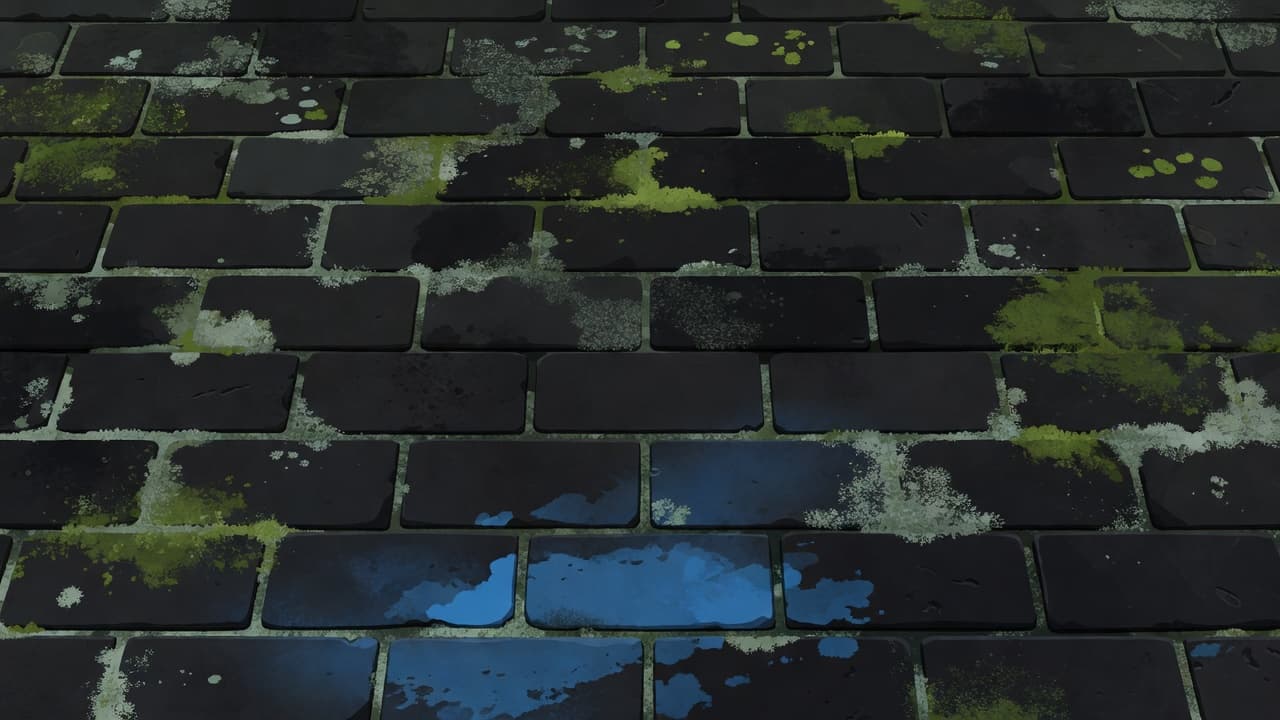 Close-up view of dark, weathered brick pavers covered in patches of green moss and mildew. The textured surface features strong blue accents that highlight the moisture-rich, shaded outdoor stone environment.