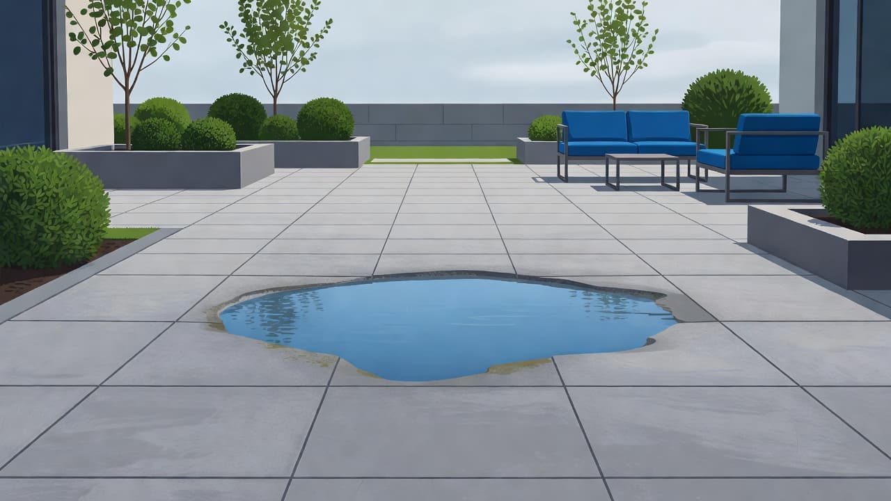 A flat residential stone patio features a large, stagnant pool of collected rainwater resting in the center. The surrounding clean masonry highlights the poor drainage and distinct blue color accent.