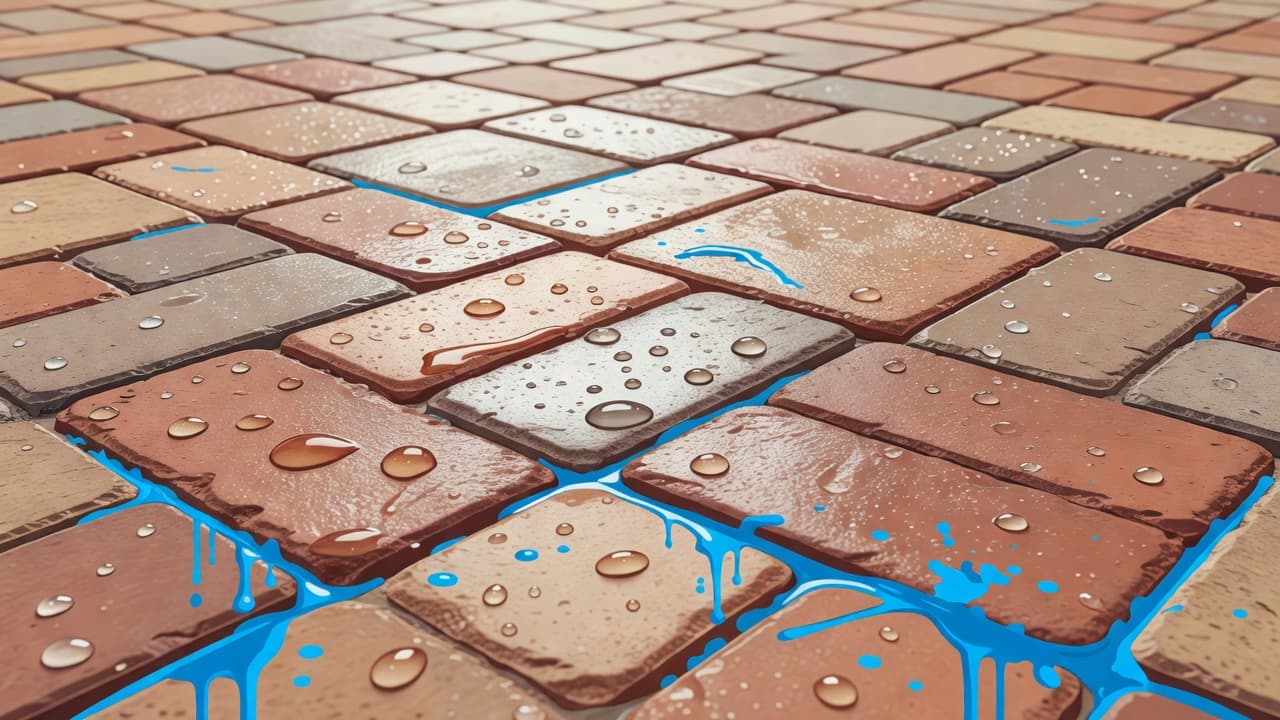 A close-up view of uneven brick pavers covered in a glossy, tacky residue with small beads of moisture resting on the surface. Vibrant blue-600 colored light accents highlight the damp, sticky texture.
