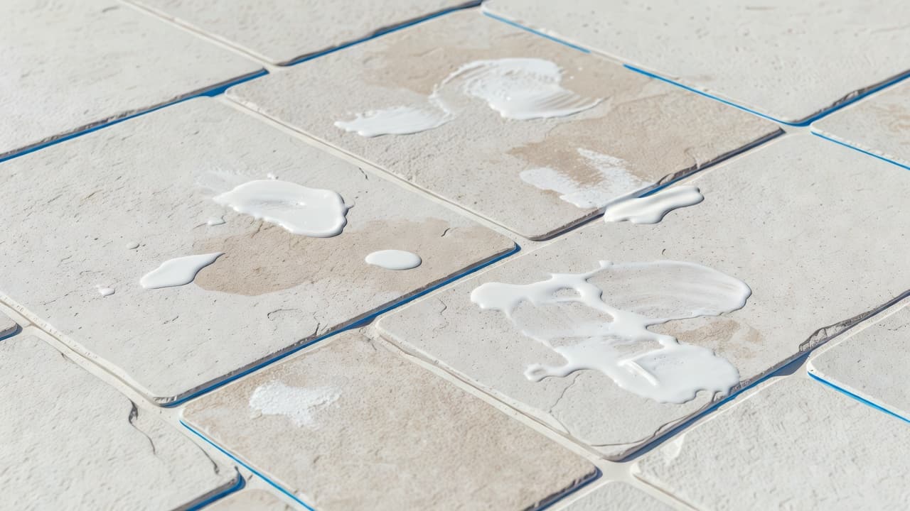 A close-up view of textured light-colored stone pavers marked by prominent white oily blotches. These stubborn spots reveal how chemical residues from sunscreen linger on porous masonry surfaces after summer use.