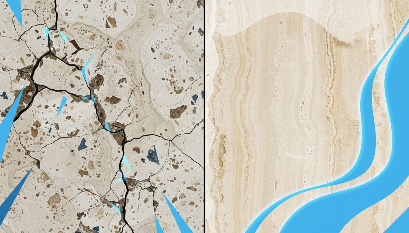 A split composition displays jagged, eroded stone on the left contrasting with a smooth, glossy sealed surface on the right. Vivid blue accents highlight the porous texture of the damaged section.