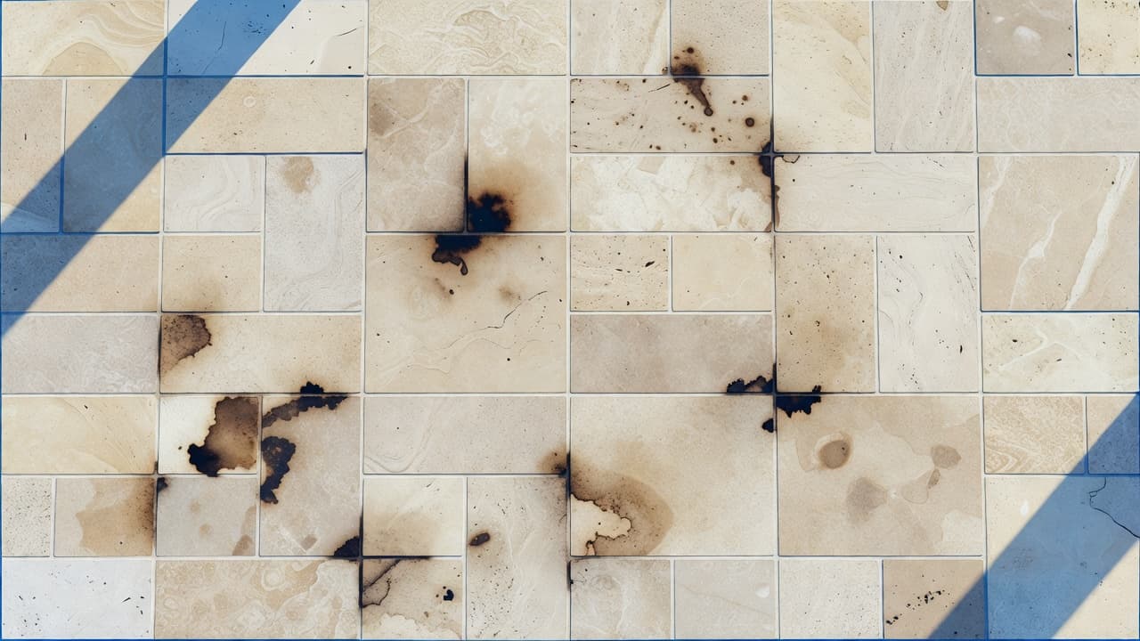 Close-up view of light-colored travertine patio tiles featuring visible porous textures. Dark, uneven organic tannins from decaying foliage create sharp, unsightly brown blemishes across the natural stone masonry surface.